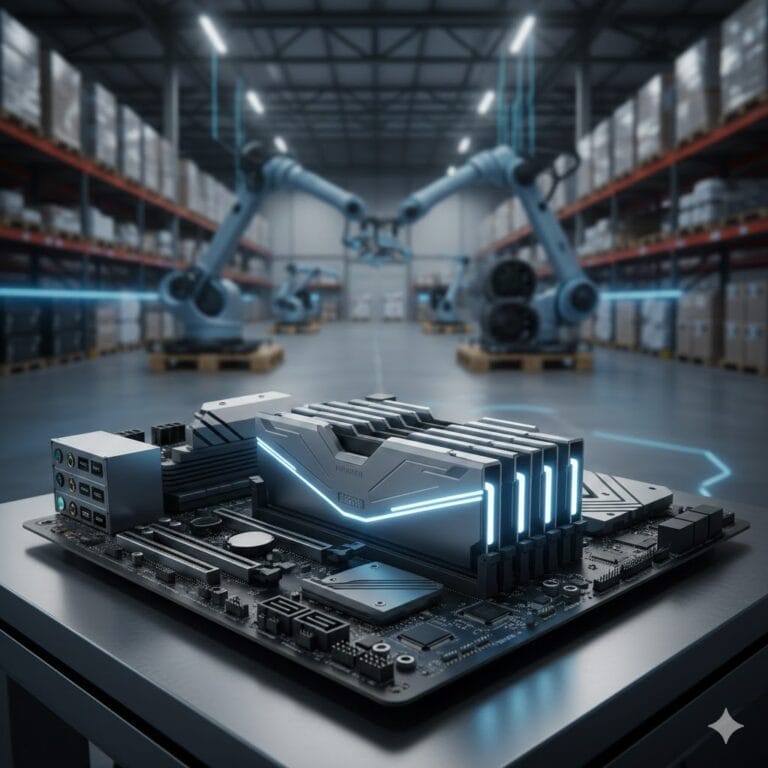 DDR5 memory modules on a motherboard in an industrial supply chain setting