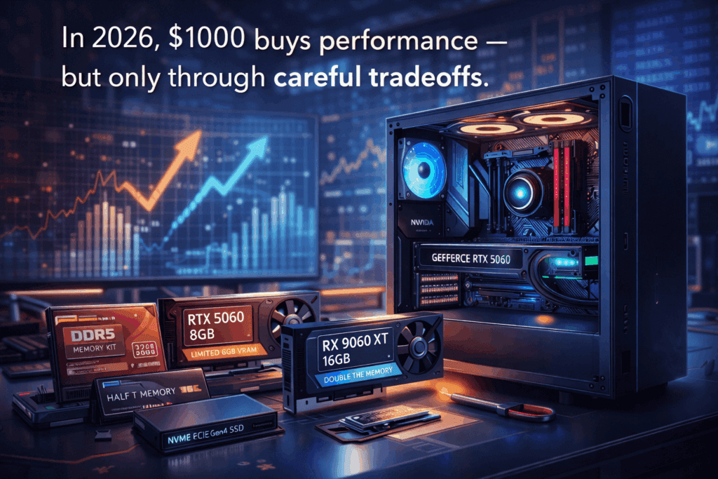 Illustration showing component tradeoffs in a $1000 gaming PC build, including GPU, memory, and storage choices
