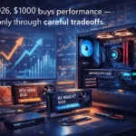 Illustration showing component tradeoffs in a $1000 gaming PC build, including GPU, memory, and storage choices