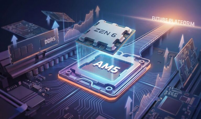 Illustration showing AMD AM5 platform with Zen 6 CPU and DDR5 memory highlighting long-term upgrade support