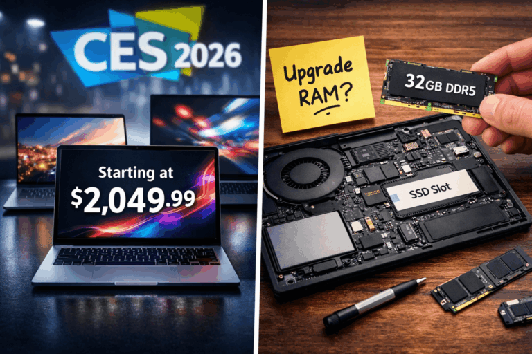Illustration showing rising CES 2026 laptop prices alongside a 32GB DDR5 RAM upgrade decision