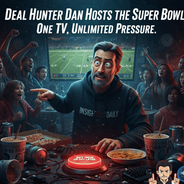 Illustration of Deal Hunter Dan hosting a Super Bowl watch party surrounded by friends and gadgets
