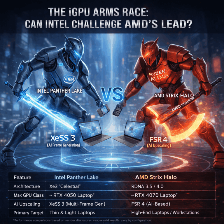 Illustration comparing Intel Panther Lake and AMD Strix Halo integrated graphics platforms