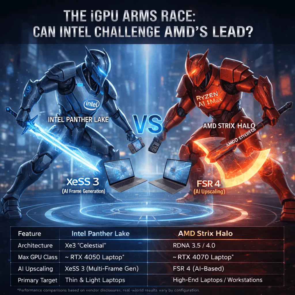 Illustration comparing Intel Panther Lake and AMD Strix Halo integrated graphics platforms