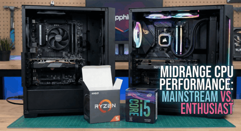 Comparison of midrange and enthusiast desktop PC builds highlighting CPU performance differences