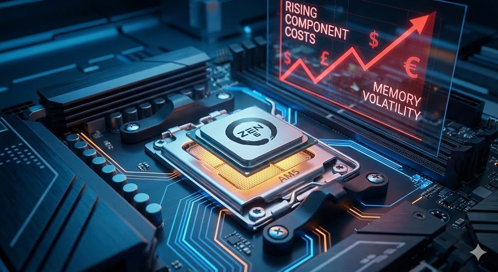 Abstract CPU socket / motherboard platform longevity visual for AMD Zen 6 and AM5