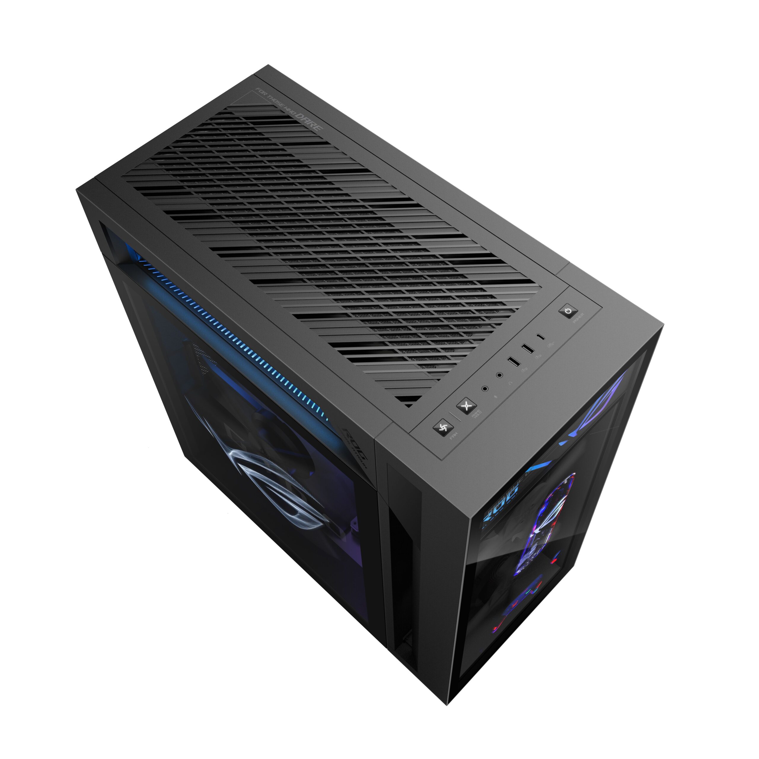 ASUS ROG G1000 holographic fan system projecting visuals inside glass panel case