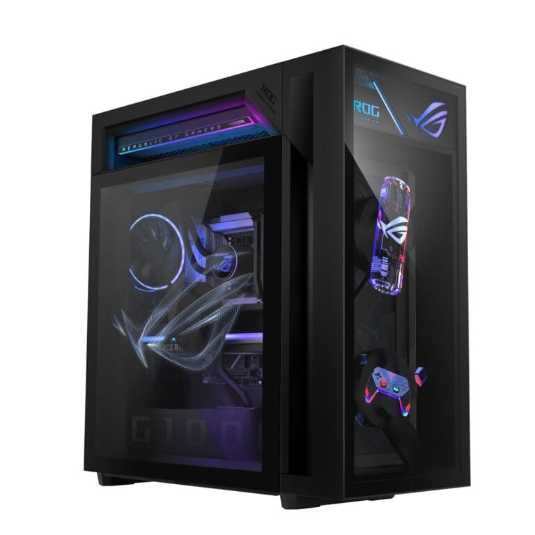 ASUS ROG G1000 Holo-Tower gaming desktop with holographic fan display and glass panel chassis shown at CES 2026