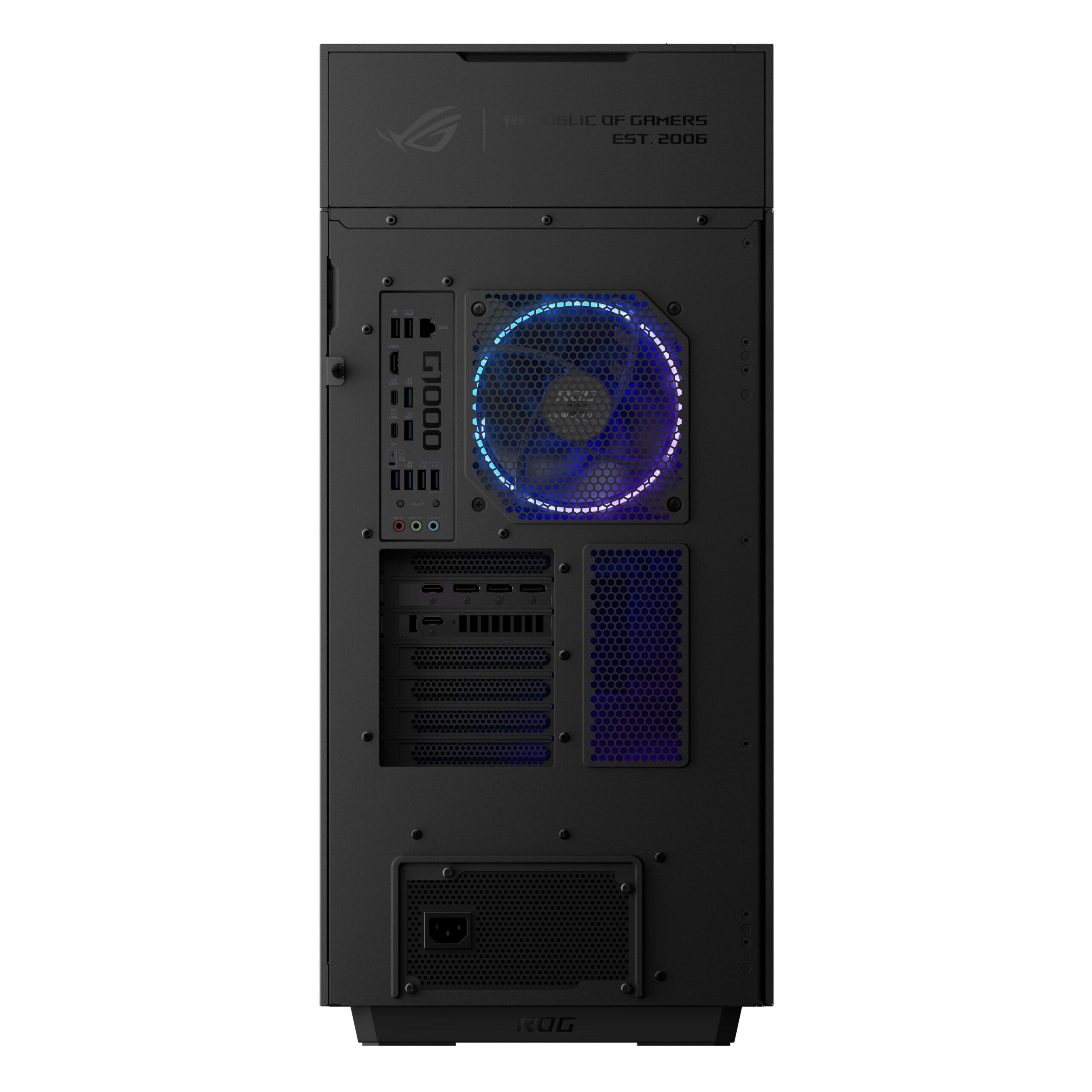 Rear view of ASUS ROG G1000 gaming desktop showing cooling fan and I/O layout