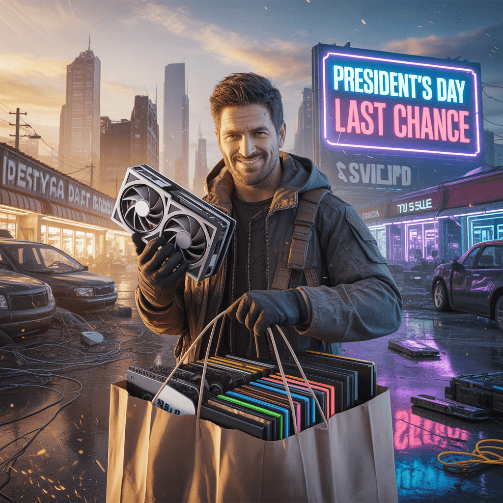 Deal Hunter Dan holding a graphics card during a President’s Day last chance tech sale in a futuristic city with rising prices and shortages theme