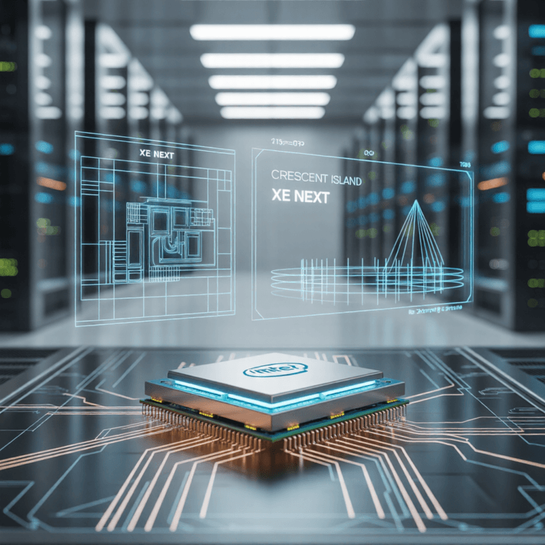 Intel Xe Next GPU architecture concept inside AI data center with Crescent Island blueprint overlays