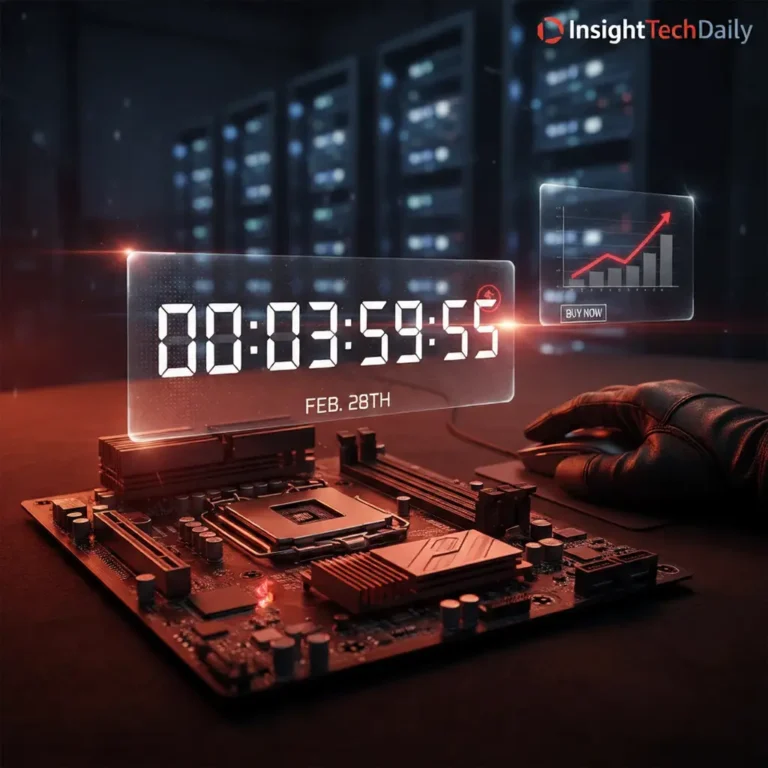 Digital countdown timer showing "00:03:59:55" and the date "FEB. 28TH" overlaid on a PC motherboard with a glowing CPU socket, representing the Lenovo price hike deadline.