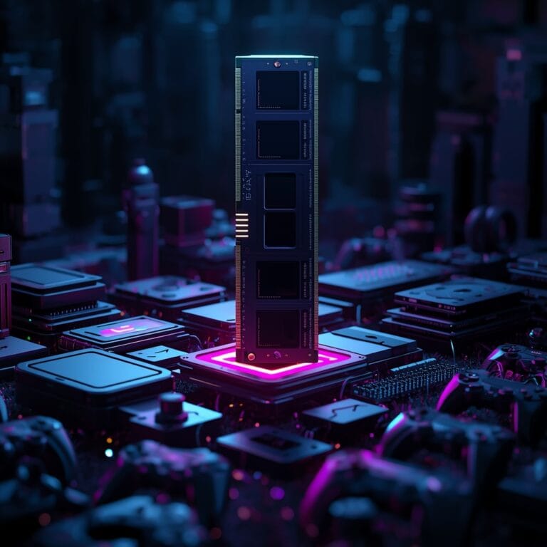 Futuristic RAM module towering over gaming consoles representing rising memory prices affecting gaming hardware in 2026