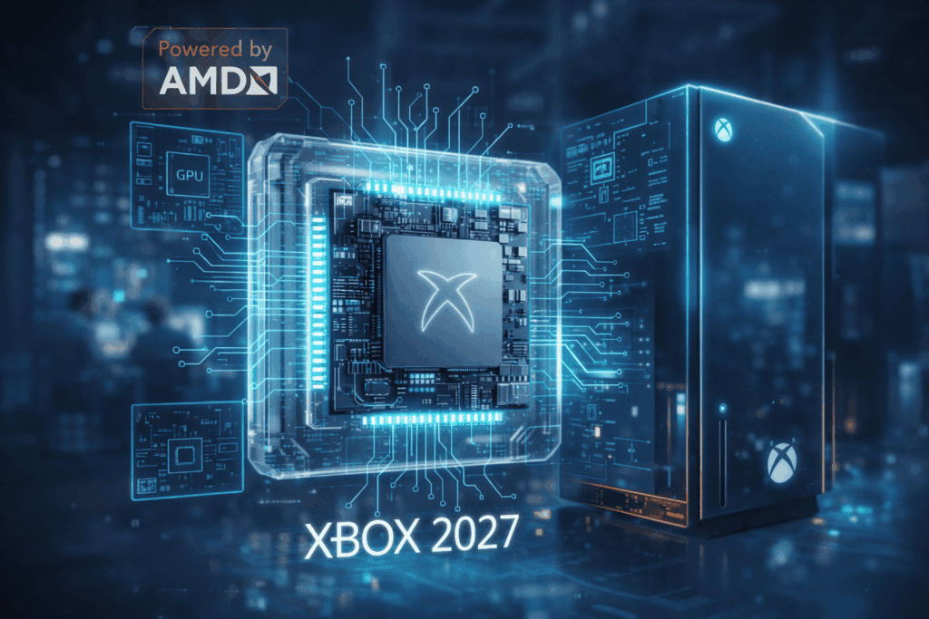 Next generation Xbox 2027 console chip with AI processing features and advanced gaming hardware concept