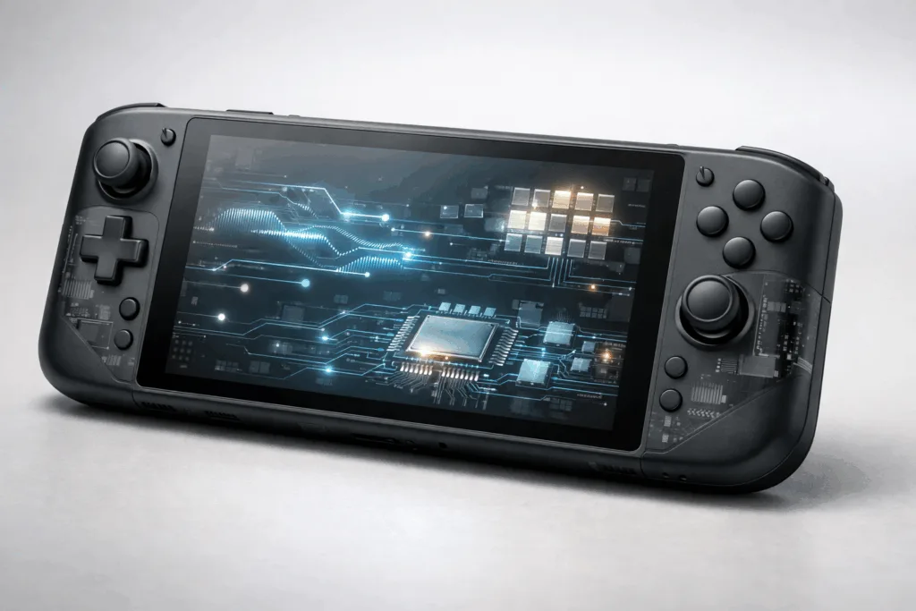 Illustration of a Nintendo Switch–style handheld showing internal hardware and memory components