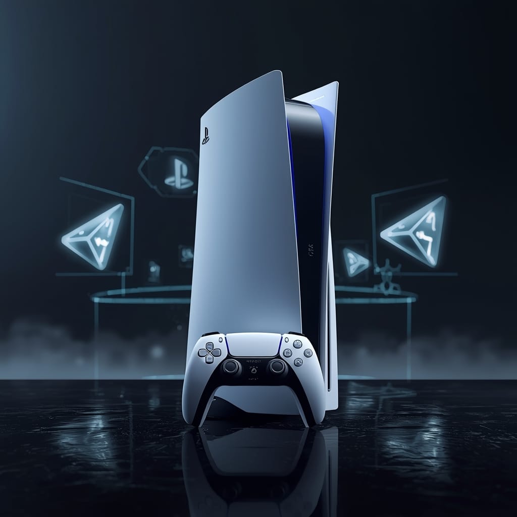 PlayStation 5 console and DualSense controller in dramatic blue lighting representing Sony’s 2026 PS5 roadmap strategy