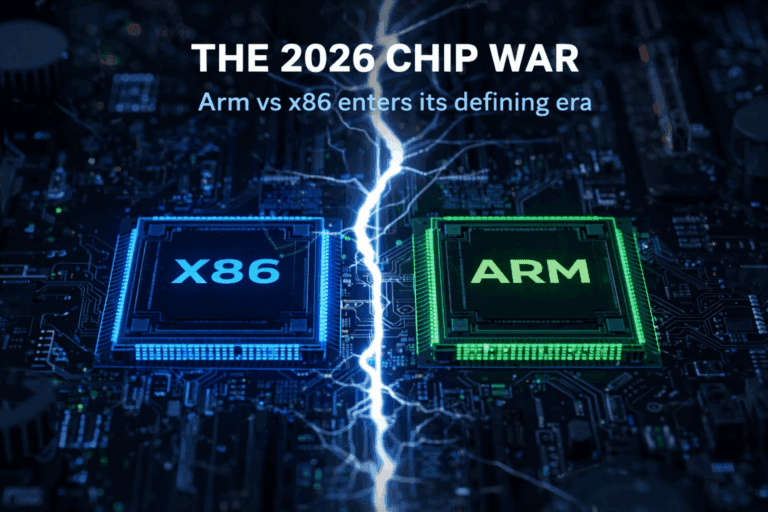 x86 vs Arm processors representing the 2026 chip war between Nvidia, Intel, Apple, AMD and Qualcomm