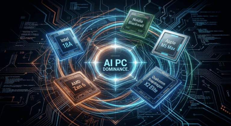 AI PC chip competition featuring Intel 18A, Nvidia Blackwell, Apple M5 Max, AMD Zen 6, and Qualcomm Snapdragon X2 Elite surrounding AI PC dominance