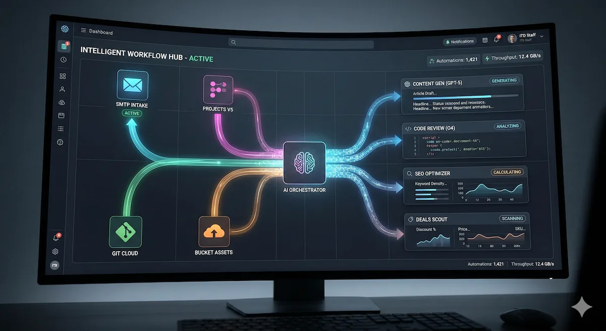 AI workflow automation dashboard connecting multiple applications