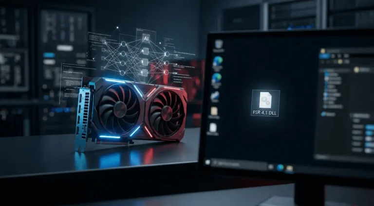 High-end AMD-style gaming GPU with AI neural network overlay and FSR 4.1 DLL file displayed on monitor