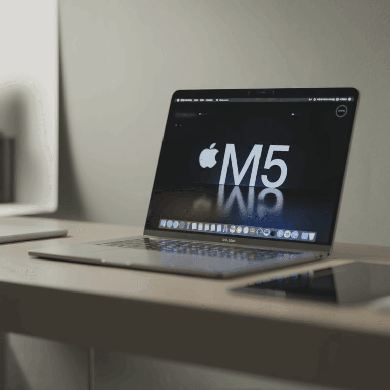 Apple MacBook Pro displaying M5 chip branding in a professional newsroom-style setting