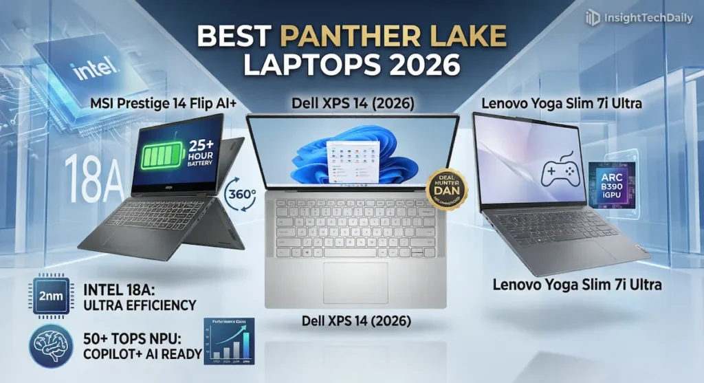 Best Panther Lake laptops 2026 comparison featuring Dell XPS 14, MSI Prestige 14 Flip AI+, and Lenovo Yoga Slim 7i Ultra with Intel Core Ultra Series 3