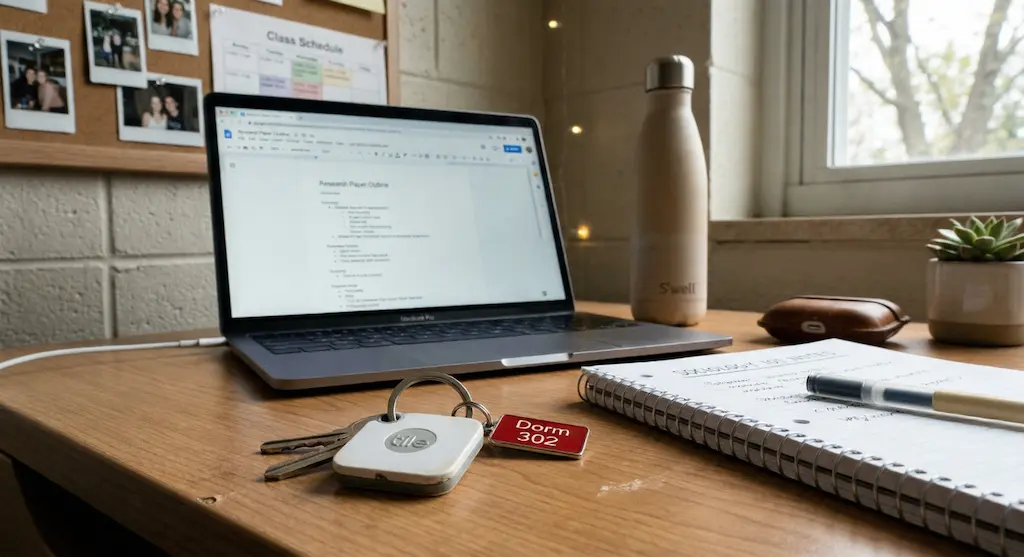 Bluetooth tracker attached to keys on a dorm desk