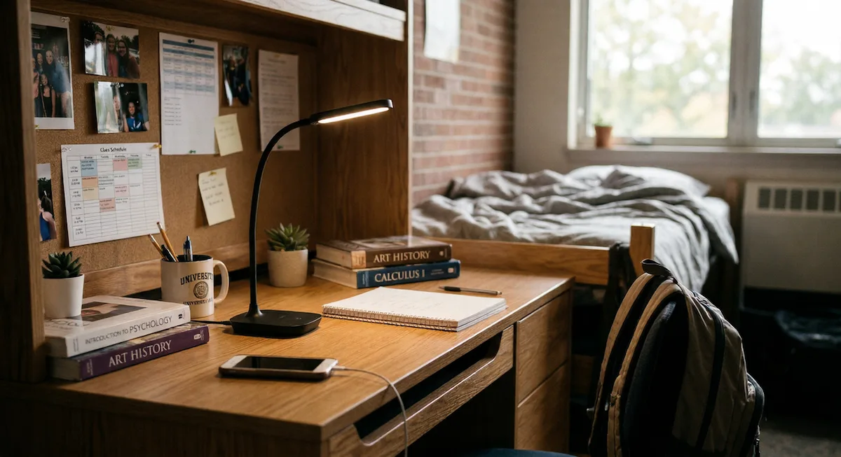 Compact LED desk lamp on a dorm desk