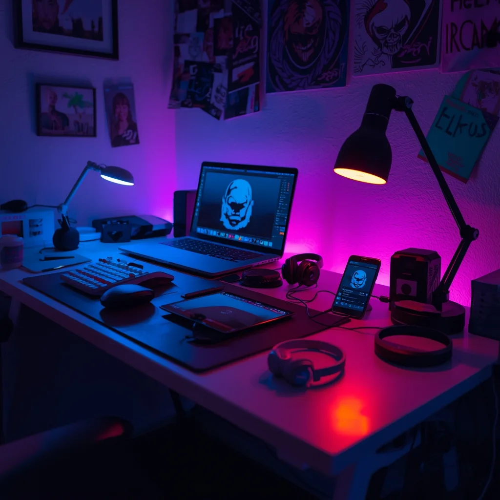 college dorm room setup with laptop, RGB lighting, headphones and essential student tech gadgets