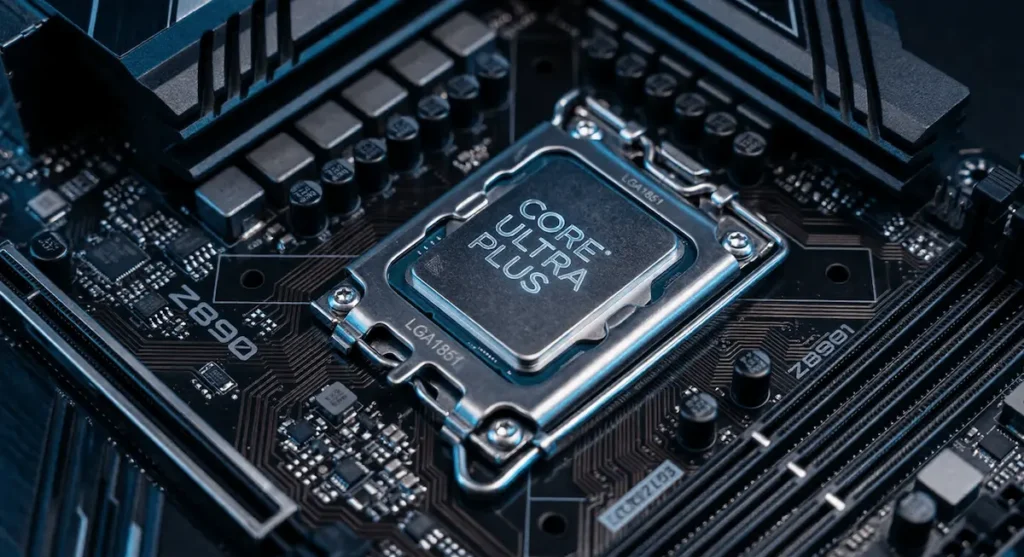 Macro shot of an Intel Core Ultra Plus processor installed in an LGA1851 socket on a Z890 motherboard with blue cinematic lighting.