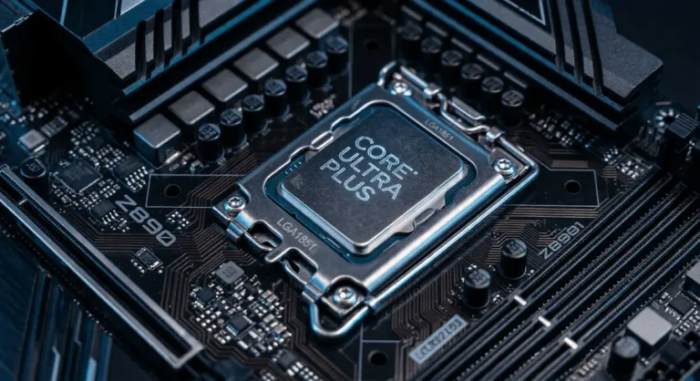 Macro shot of an Intel Core Ultra Plus processor installed in an LGA1851 socket on a Z890 motherboard with blue cinematic lighting.