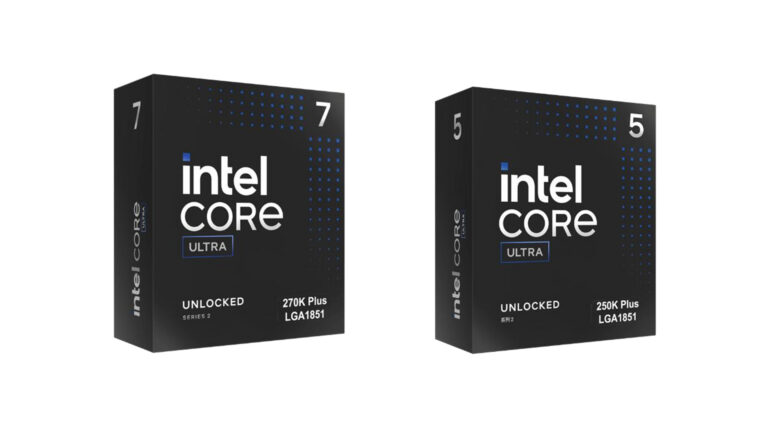 Intel Core Ultra 7 270K Plus and Core Ultra 5 250K Plus desktop CPU boxes showing new mid-range processors with increased core counts