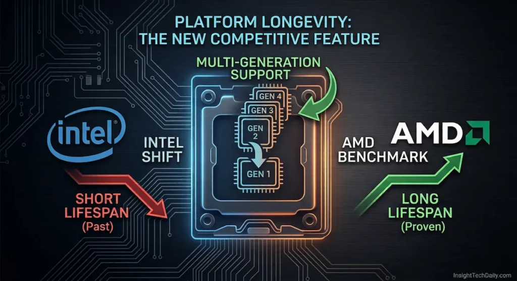 Intel vs AMD CPU platform longevity comparison showing multi-generation socket support and upgrade path differences