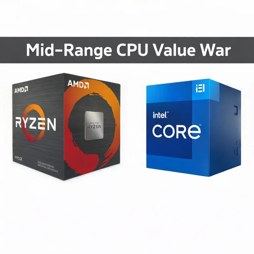 AMD Ryzen and Intel Core desktop CPU boxes representing the 2026 mid-range CPU value war between Intel and AMD