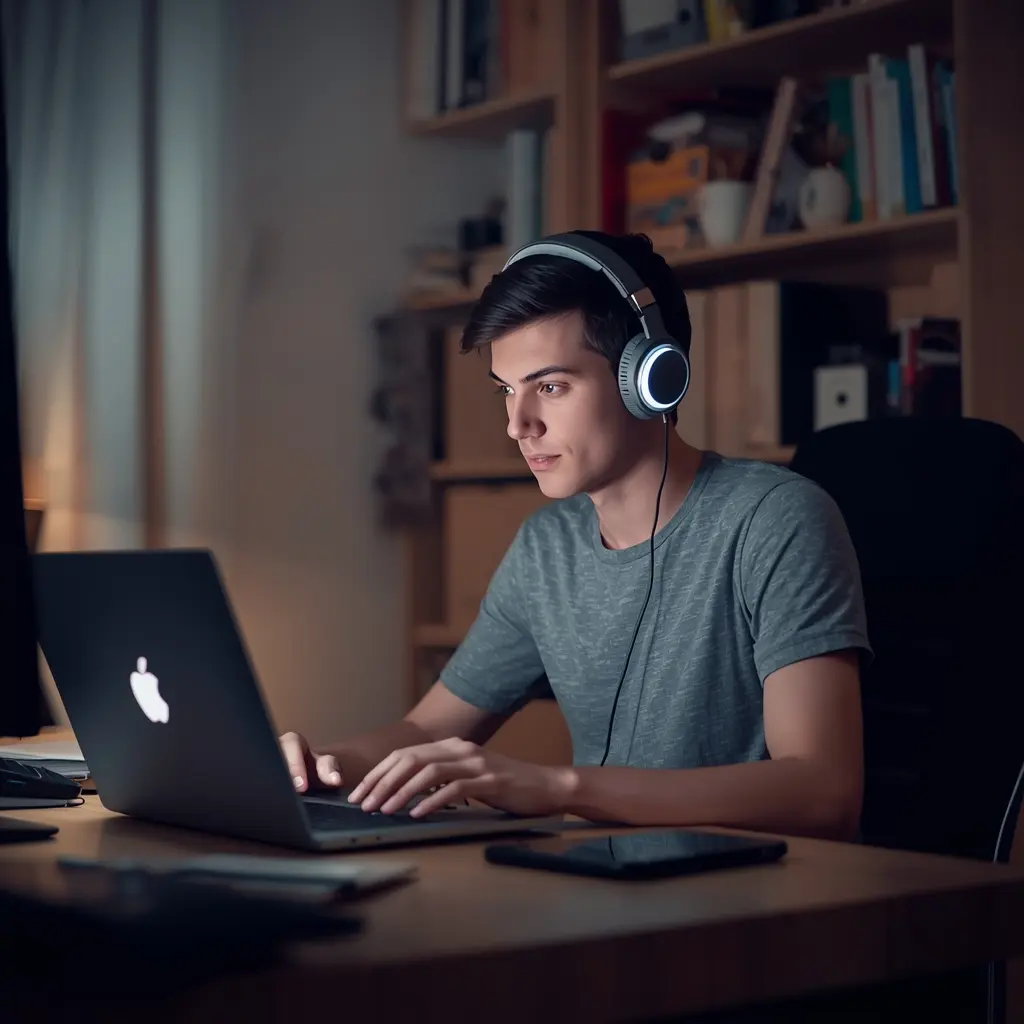 Student using noise-canceling headphones in a dorm room