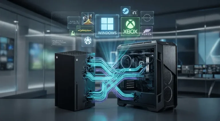 Concept illustration showing an Xbox console connected to a gaming PC with Windows and game icons, representing Microsoft Project Helix unifying Xbox and PC gaming.