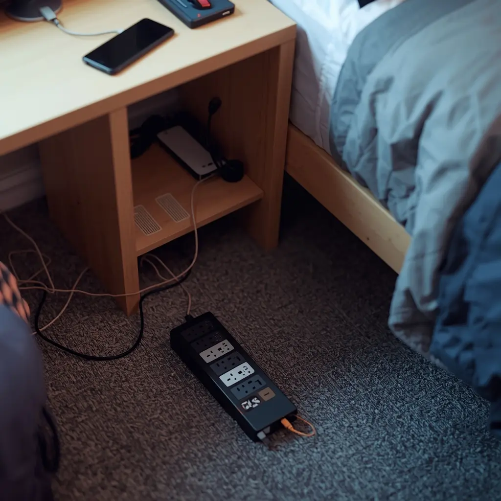 Smart power strip on a dorm floor near desk