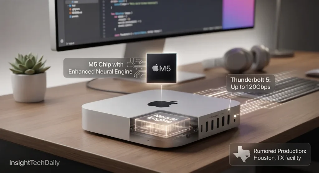 Apple Mac mini concept showing M5 chip, Neural Engine, and Thunderbolt 5 connectivity