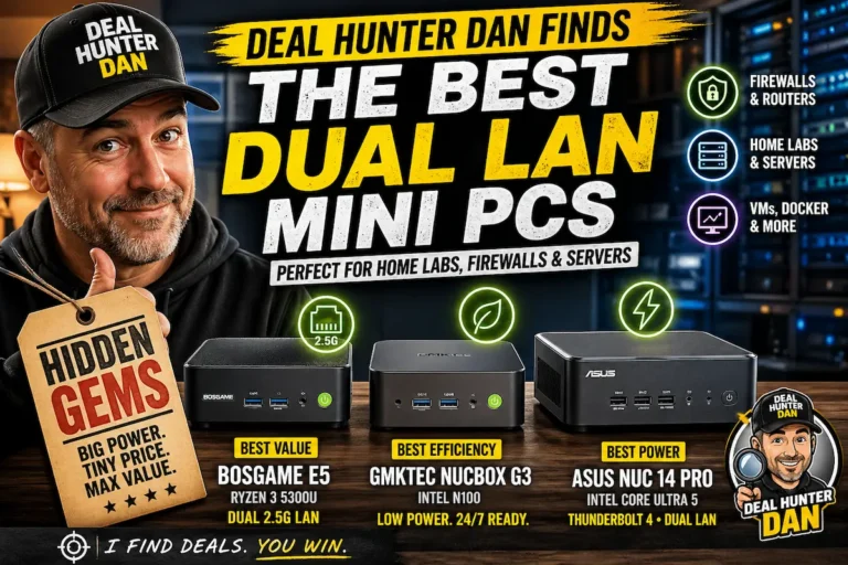 Deal Hunter Dan highlighting dual LAN mini PCs for home labs, firewalls, and servers