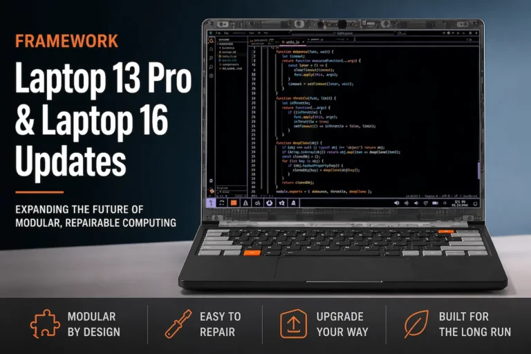 Framework Laptop 13 Pro showing modular design concept with code editor display for repairable computing article