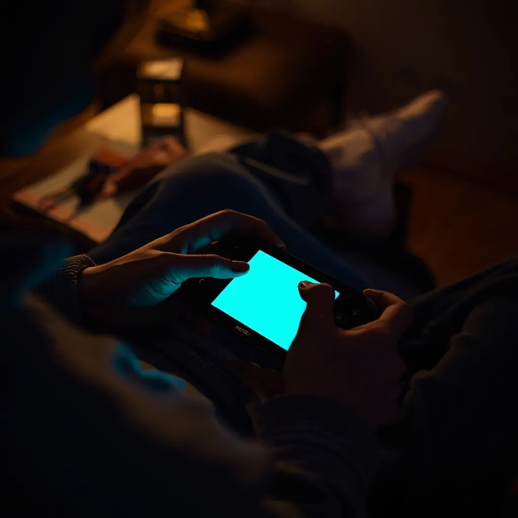 Person playing a handheld gaming console at night with blue screen glow