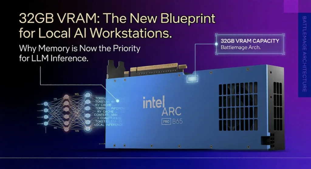 Intel Arc Pro B65 GPU with 32GB VRAM illustrated for local AI workstation and LLM inference workloads