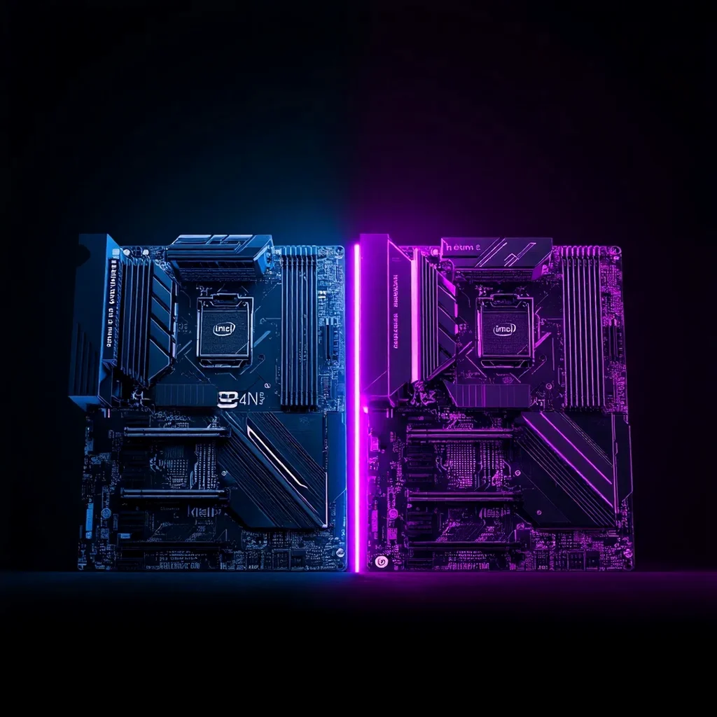 Split motherboard design showing DDR4 and DDR5 platforms side by side with contrasting blue and purple lighting