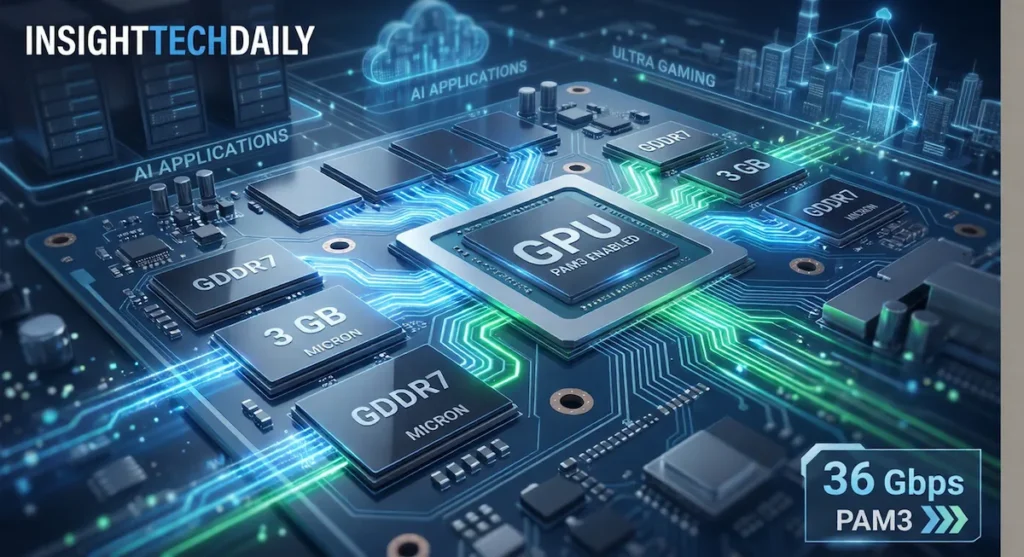 Micron 3GB GDDR7 memory modules on GPU with high-speed 36 Gbps PAM3 bandwidth visualization