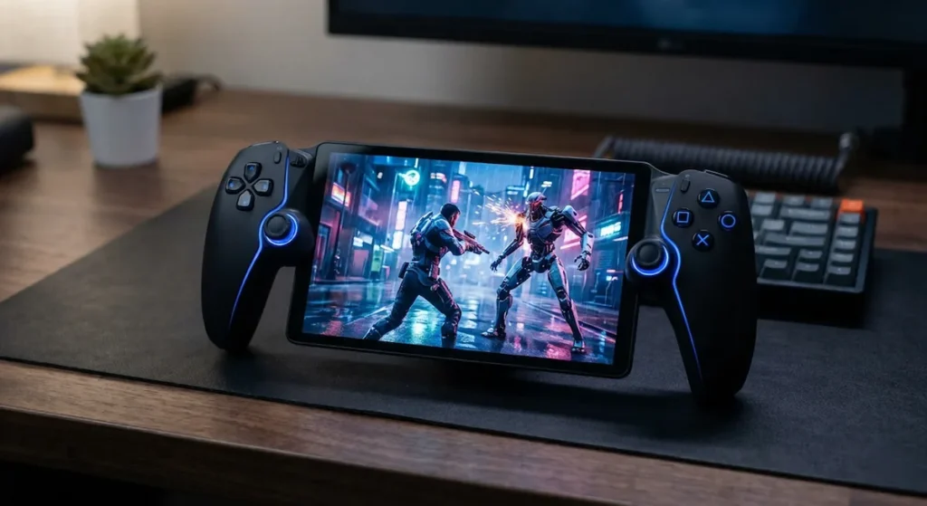 Futuristic PlayStation-style handheld gaming device with dual controllers and built-in display
