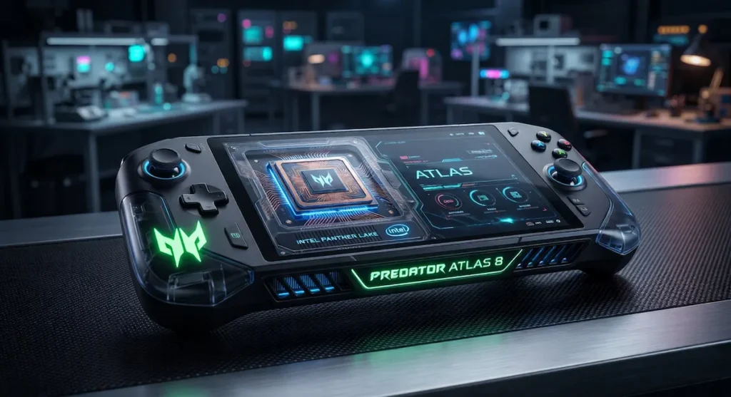 Acer Predator Atlas 8 handheld gaming PC concept with Intel Panther Lake and Arc graphics branding