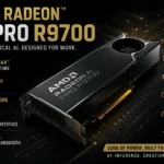 AMD Radeon AI Pro R9700 workstation GPU graphic highlighting 32GB GDDR6 memory for local AI workloads