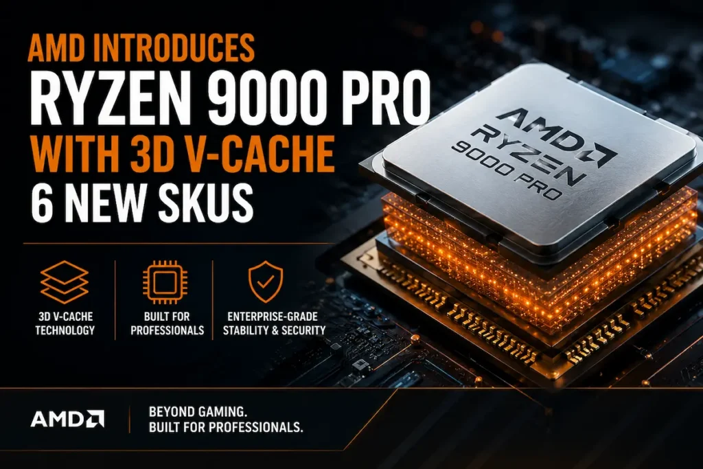 Featured image showing an AMD Ryzen 9000 PRO processor with glowing 3D V-Cache layers, highlighting AMD’s new workstation-focused PRO CPUs.