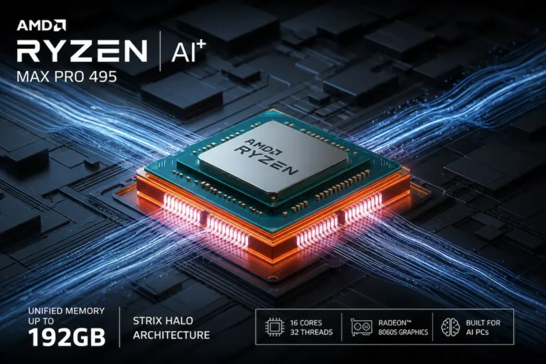 AMD-style AI PC chip visualization representing Ryzen AI Max+ PRO 495 and 192GB unified memory