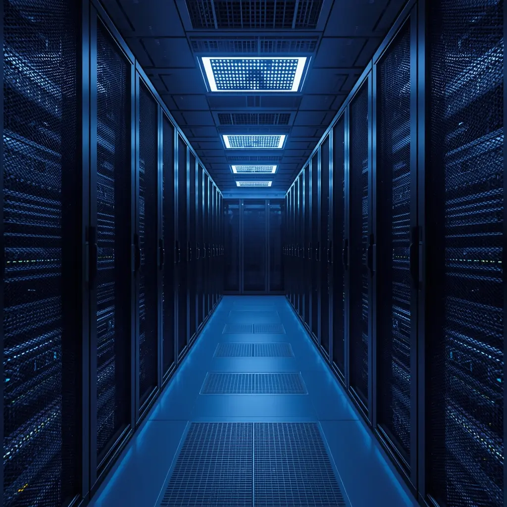 Modern AI data center with server racks, power grid lines, and cooling systems